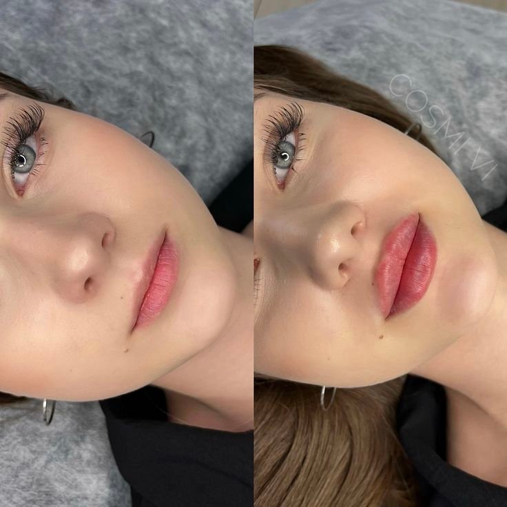 Close-up side-by-side comparison showing 1/2 ml lip filler before and after results on natural lips